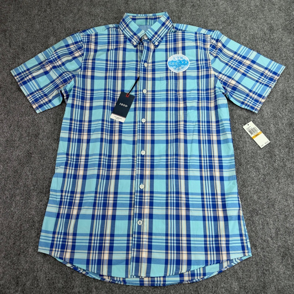 IZOD Shirt Men's Small Gulf Stream Blue Plaid Breeze Cool FX Button Down NWT